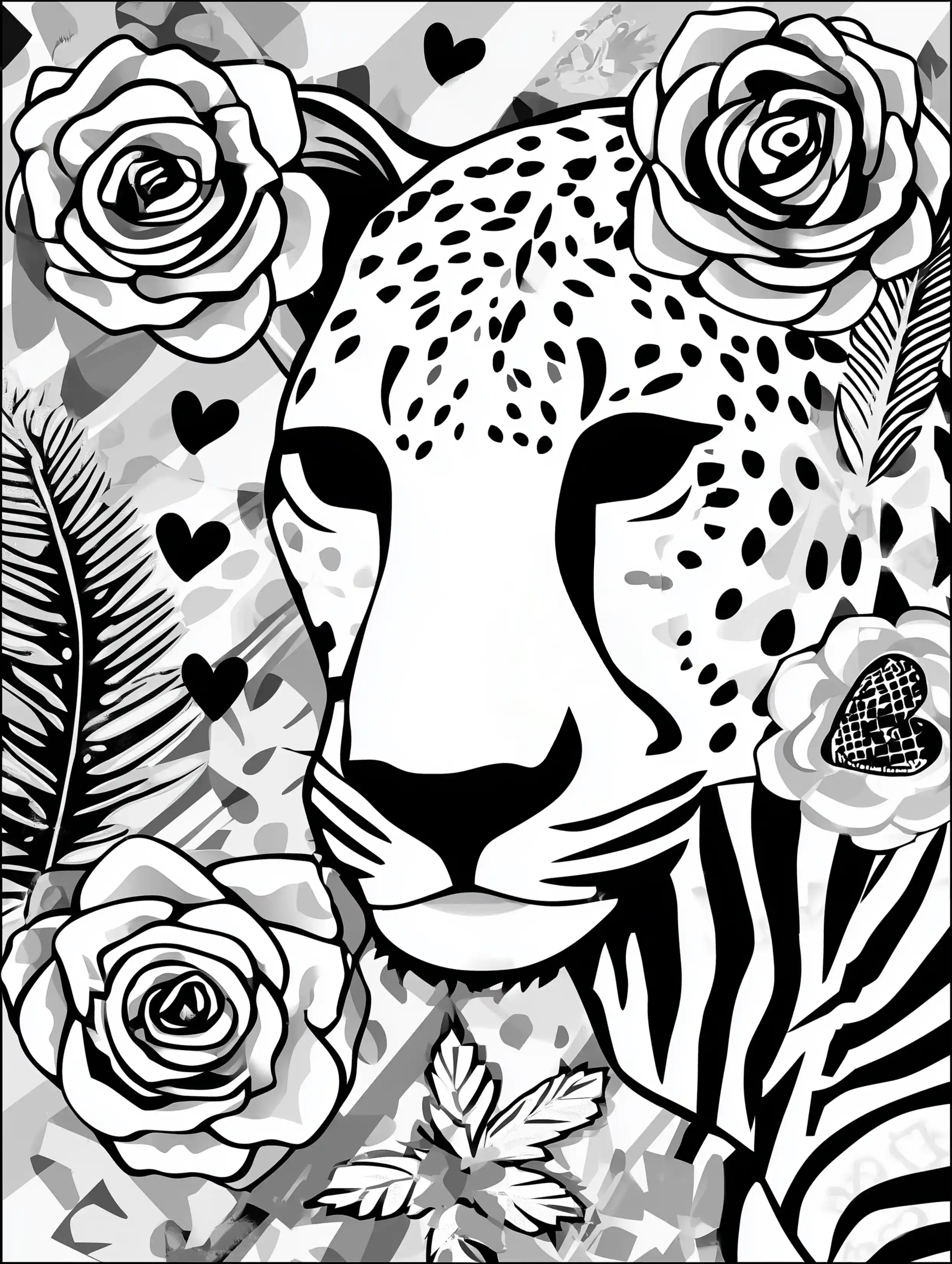 Free cheetah printable coloring page featuring a cheetah with four heart elements